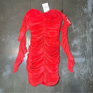 Zara Red Stretch Bodycon Mini Strapless Stress Sheer Long Sleeves NWT Small
